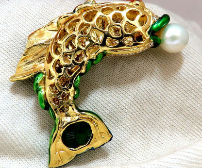 Natural Akoya Pearl Sapphire Emerald & Diamonds Enamel Fish Pendant 18kt *v