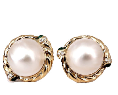18.4mm Mabe Pearls .80ct emerald Clip Earrings 18kt Gold *v