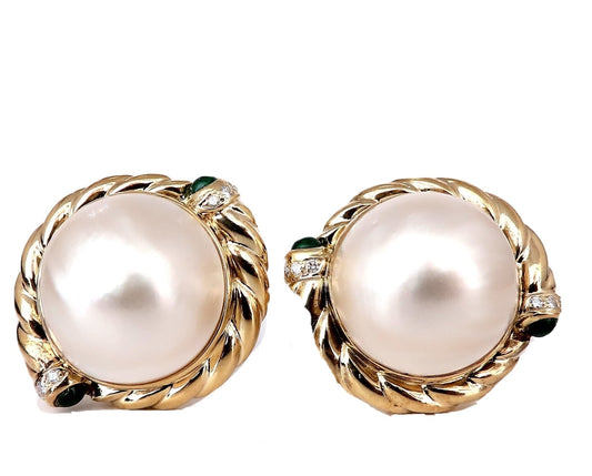 18.4mm Mabe Pearls .80ct emerald Clip Earrings 18kt Gold *v