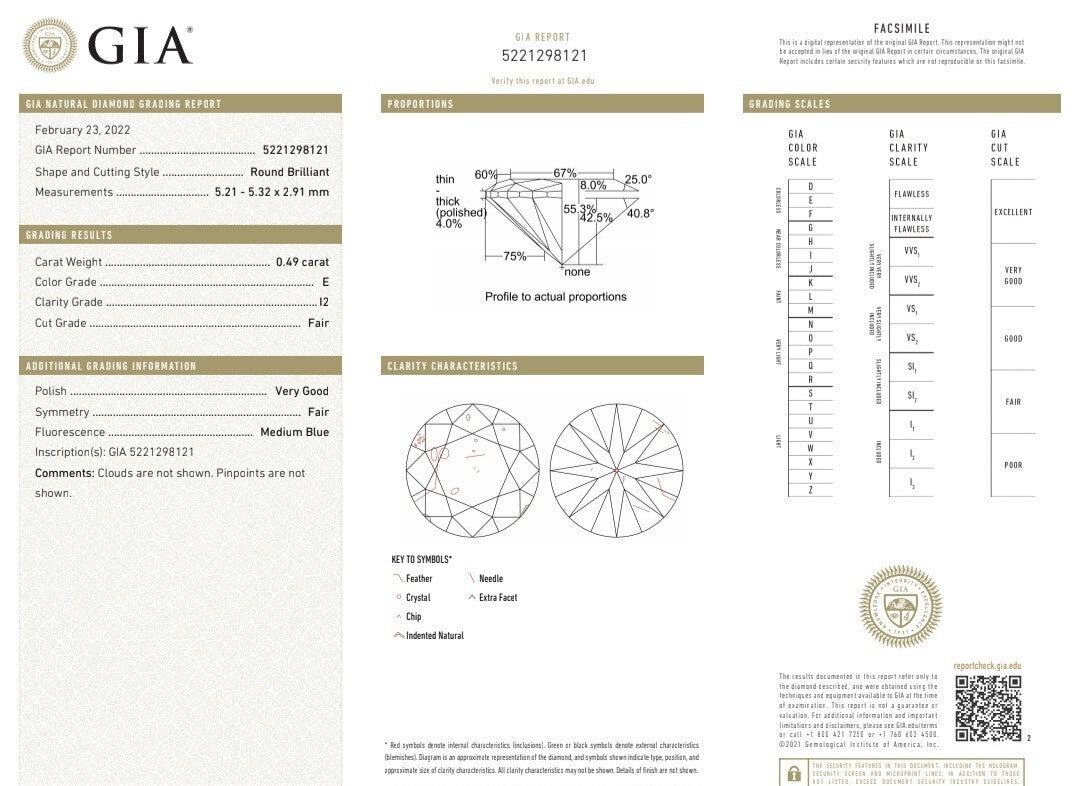 GIA Certified .49ct Natural Round Diamond solitaire ring E/I2 14kt platinum *v