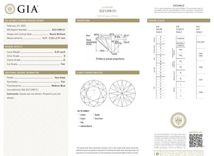 GIA Certified .49ct Natural Round Diamond solitaire ring E/I2 14kt platinum *v