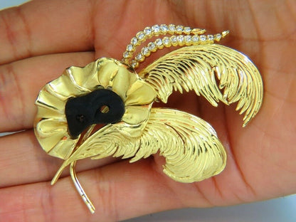 18KT SIGNED 1.00ct. DIAMONDS THEATER EYE MASK FEATHER PEACOCK PIN *v