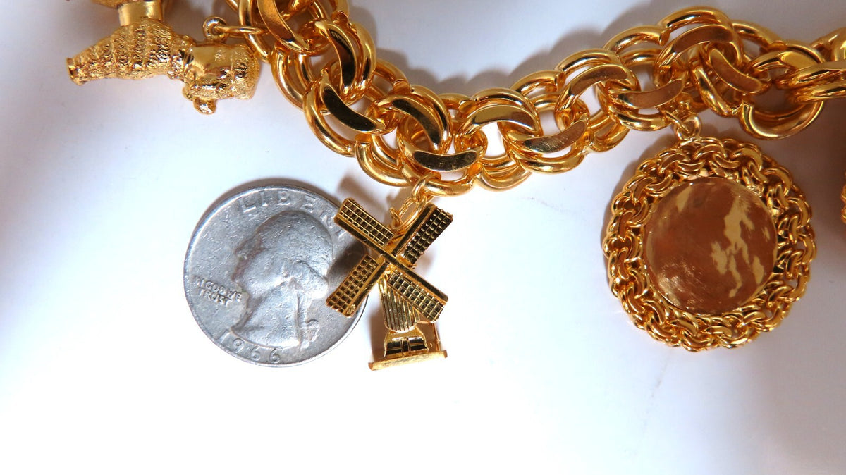 14kt Gold 6 Charm Functional Bracelet Sun Dog Windmill Frame Lilly 104gr *v