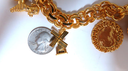14kt Gold 6 Charm Functional Bracelet Sun Dog Windmill Frame Lilly 104gr *v