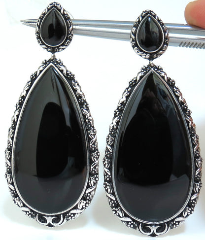 18KT GOTHIC SAXON REVIVAL GILT DECO NATURAL JET BLACK ONYX DANGLE EARRINGS *v
