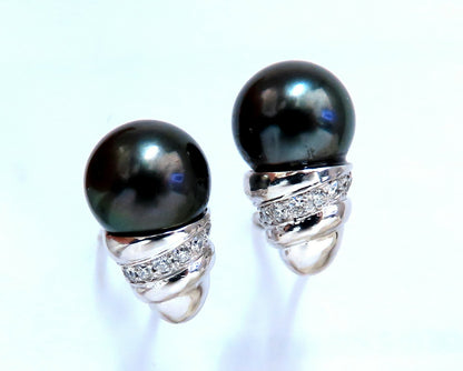 11mm natural tahitian pearl & .50ct diamonds raised cap earrings 14kt *v