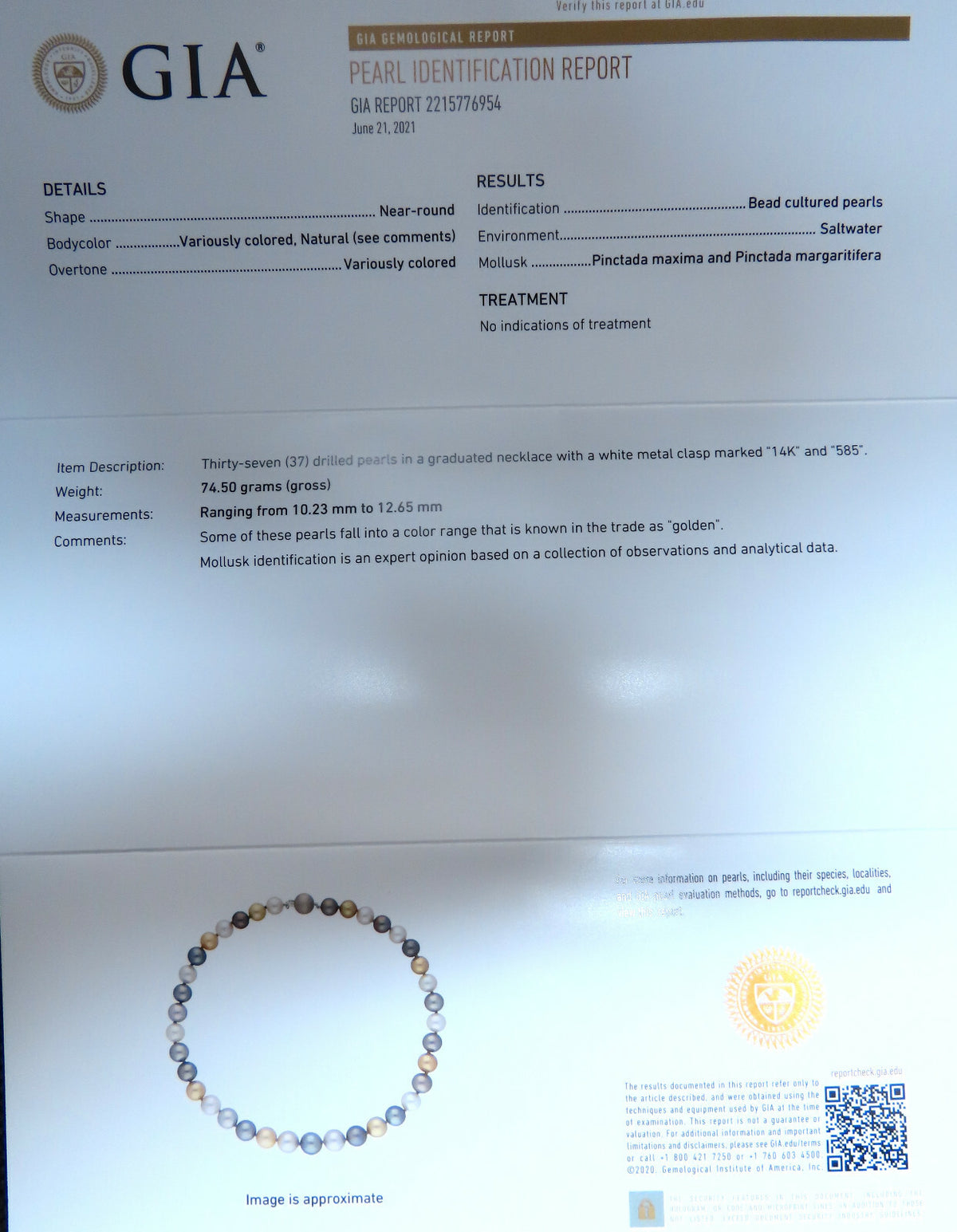 GIA certified Natural Peacock Tahitian Saltwater Pearls necklace 12.6m 14k *v