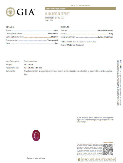 GIA Certified 1.63ct Burma Natural Ruby Diamond Ring 18kt Vivid Red *v