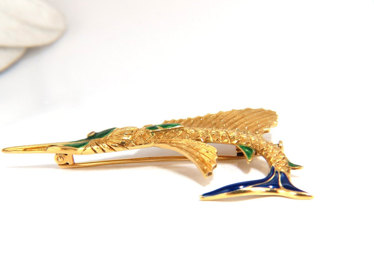 Art Deco Prime swordfish marlin brooch Enamel 14kt *v