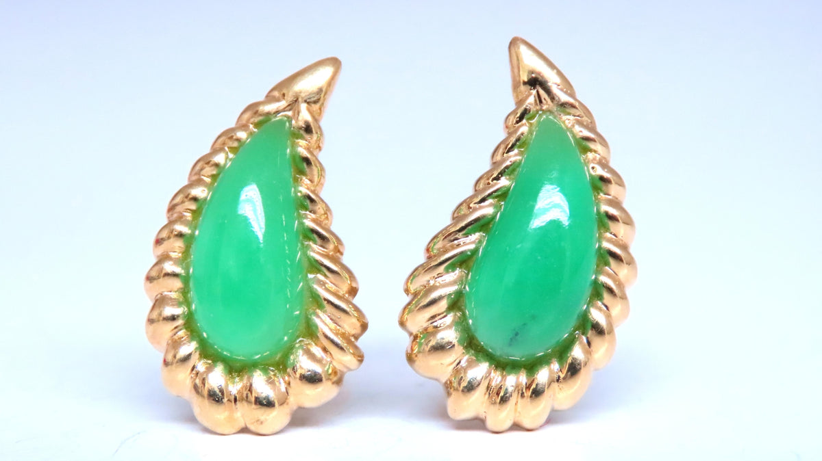 Pear Shape Jadeite Fern 3D clip earrings 18kt Gold 12603 *v