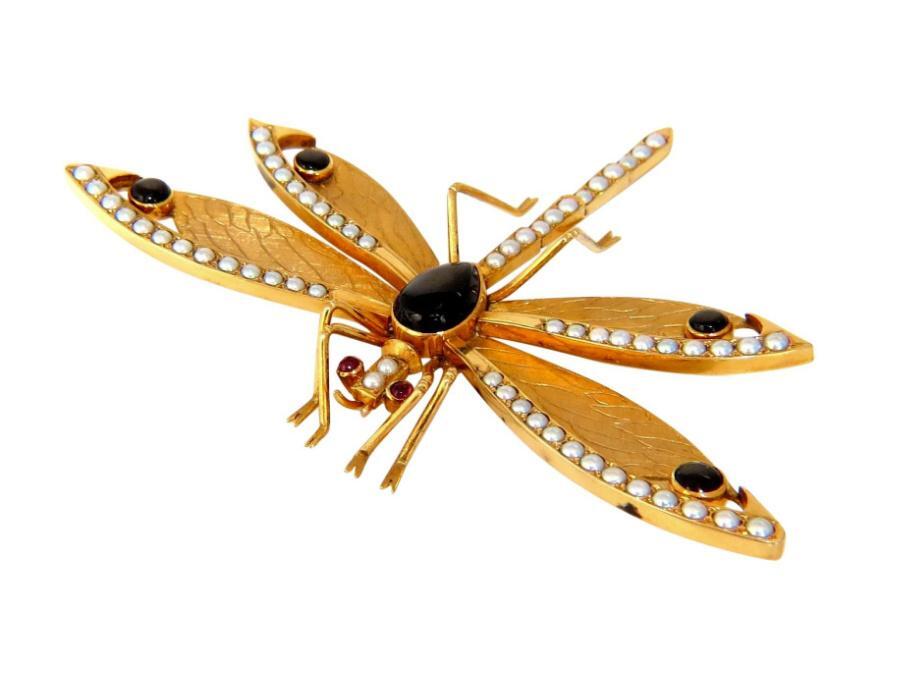 Dragonfly Natural Pearls Blackstar Brooch Pin 18Kt Gold Ref 12303 *v