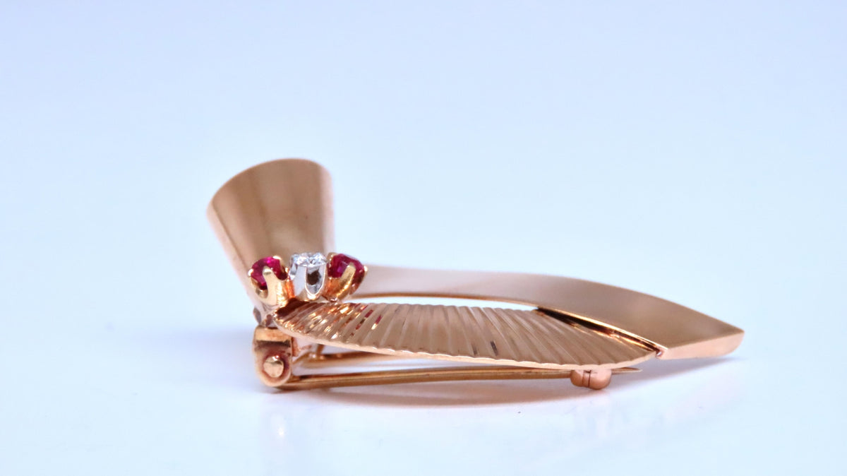 Regency Deco Ruby Diamond Swirl Brooch Pin 14kt 12533 *v