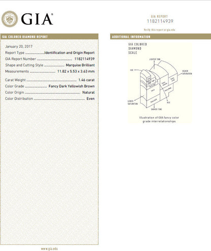 GIA certified 1.46ct Fancy Dark Yellow Brown Diamond Ring Platinum *v
