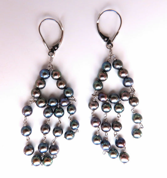 Bohemian deco 4mm freshwater pearls dangling earrings 14kt *v
