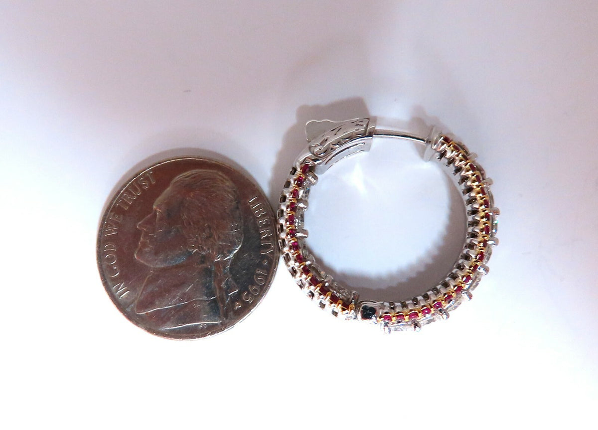 4.24ct natural red ruby diamond hoop earrings 14kt gold three row Intricate *v