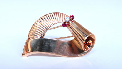 Regency Deco Ruby Diamond Swirl Brooch Pin 14kt 12533 *v