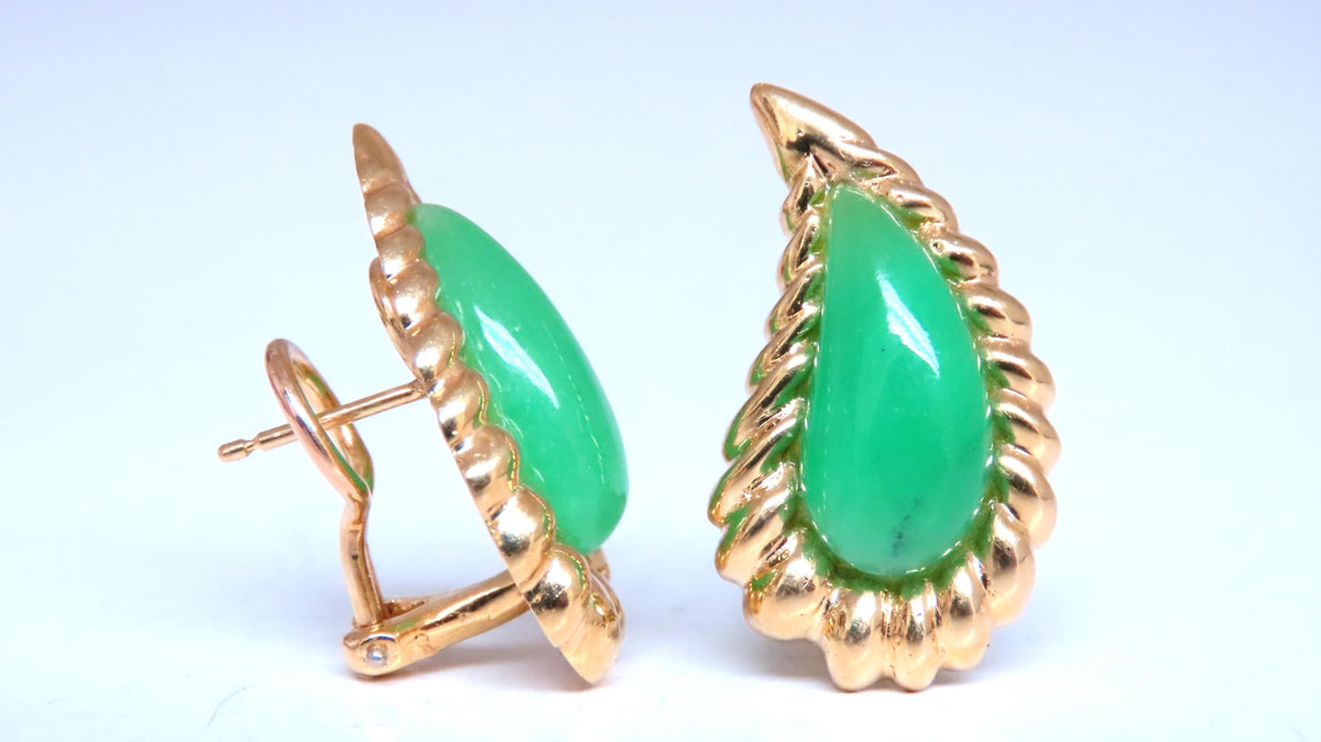 Pear Shape Jadeite Fern 3D clip earrings 18kt Gold 12603 *v