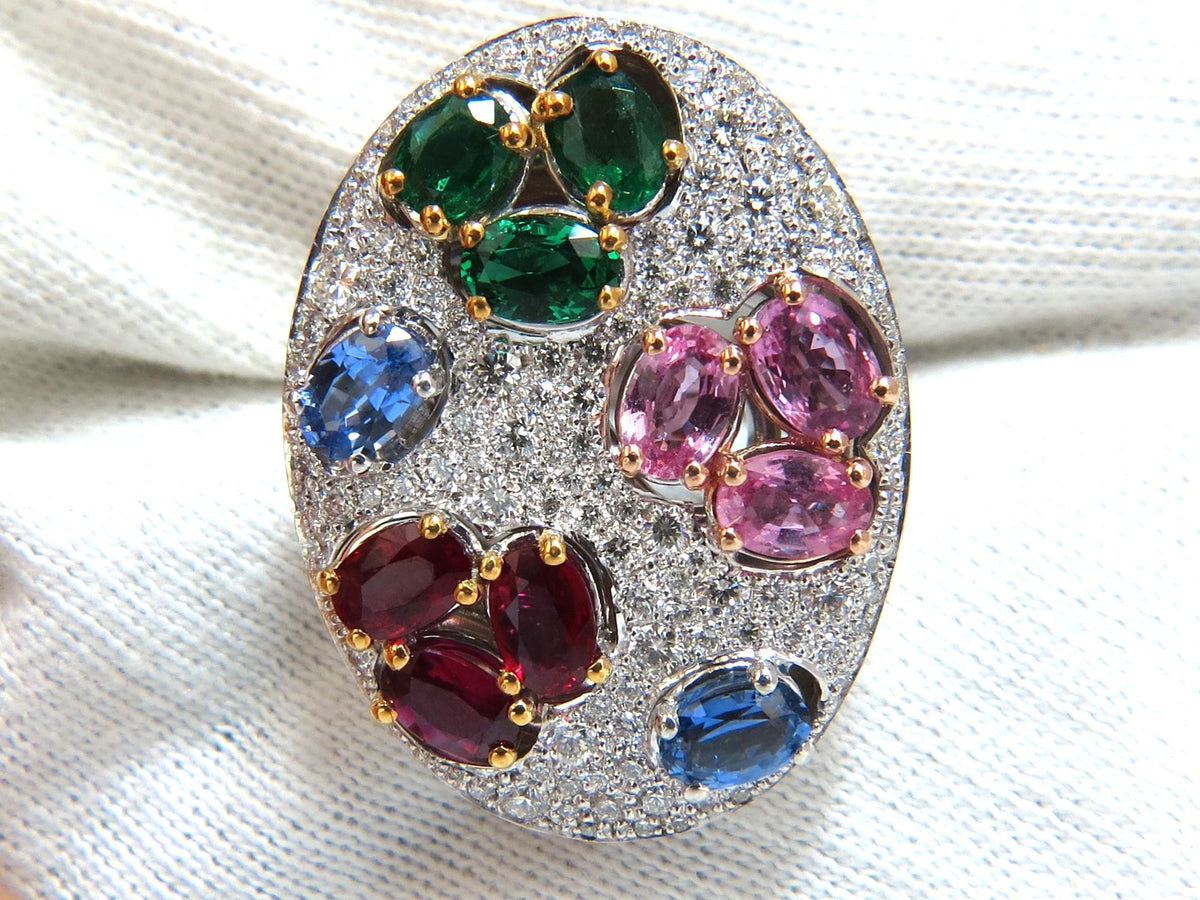 7.26CT NATURAL SAPPHIRE EMERALD RUBY DIAMONDS SECTIONAL COCKTAIL RING 18KT*v