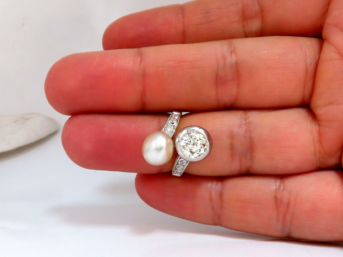 RARE GIA Certified Natural Saltwater Pearl Light Yellow Diamonds Ring 18kt *v