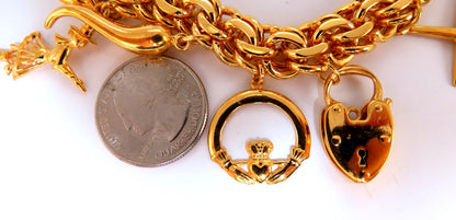 14kt 10 Charm Bracelet Fairy Horn Irish Lock Cross Jade Mary Slipper Heart *v