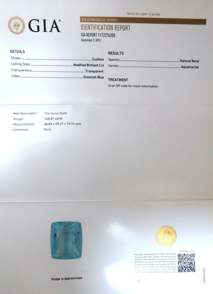 GIA Certified Natural 140.01ct  Aquamarine Diamonds Necklace 18kt & Plat *v
