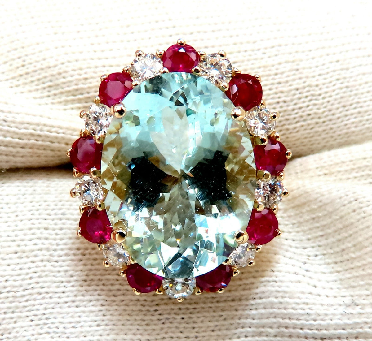 15.34ct Natural Aquamarine Ruby Diamonds Patriot Cluster Cocktail Ring 14kt *v