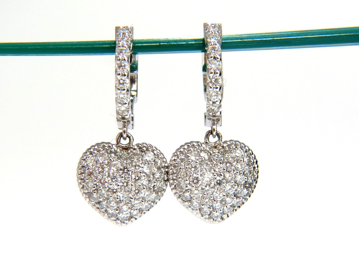 1.30ct dangling hearts on hoop diamonds earrings 14kt g/vs locking lever *v