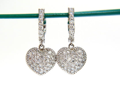 1.30ct dangling hearts on hoop diamonds earrings 14kt g/vs locking lever *v