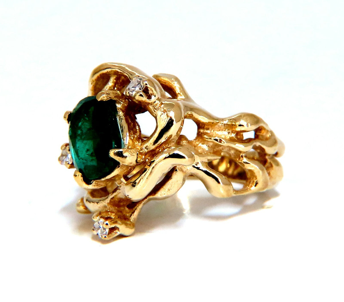 1.42ct Natural Vivid Green Emerald Diamonds Nugget Vine Ring 14kt *v