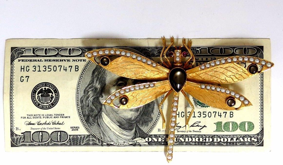 Dragonfly Natural Pearls Blackstar Brooch Pin 18Kt Gold Ref 12303 *v