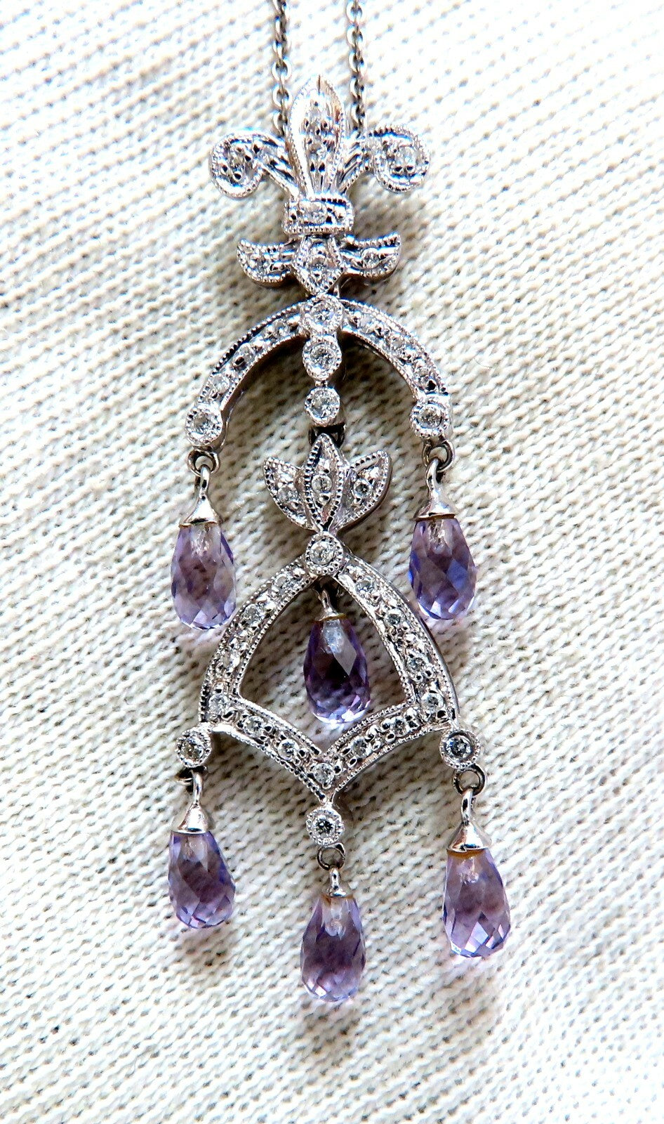 2.50ct Natural Briolette Amethyst Diamonds English Crest Dangle Necklace 14kt *v