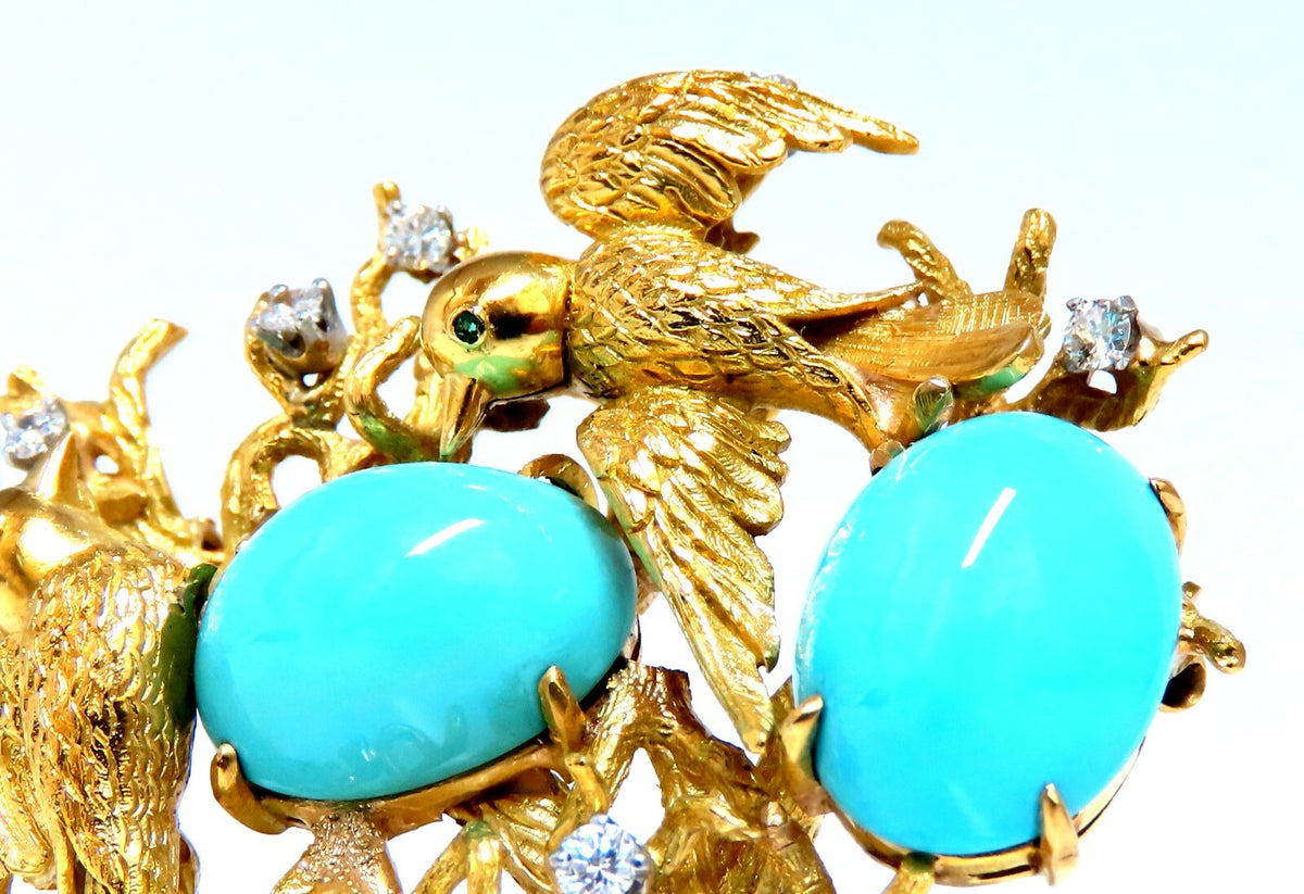 Vintage Bird Nest Eggs 20ct Turquoise 18kt Brooch High Intricate *v