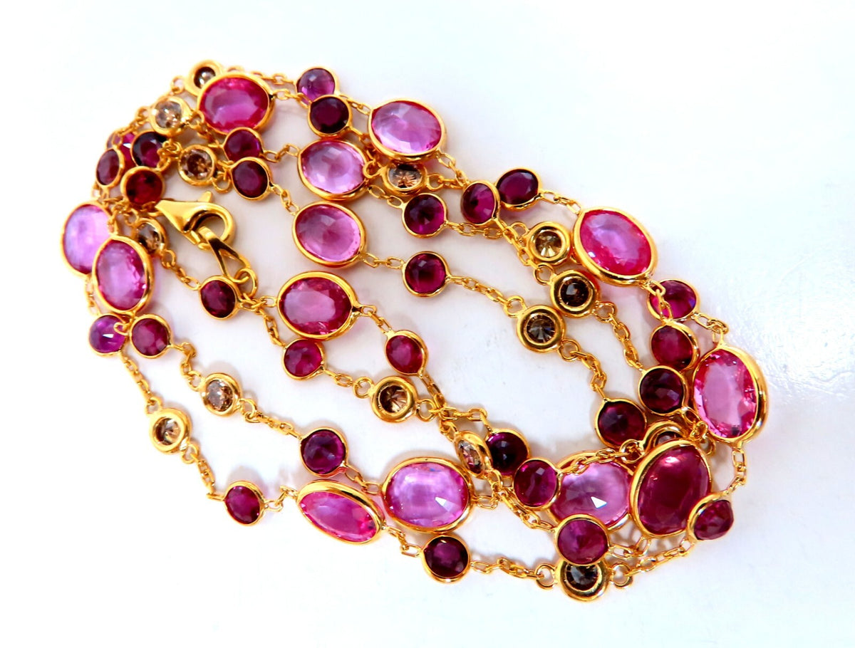 26.45ct natural vivid pink sapphires Ruby diamond yard station necklace 14kt *v