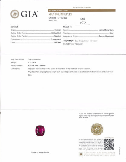 Rare GIA Burma Pigeon Blood 1.14ct vivid red ruby diamonds ring 14kt *v