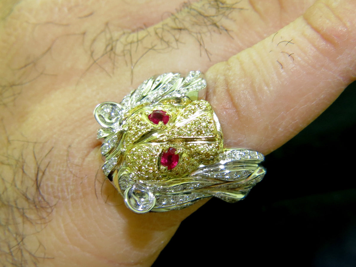 18KT ITALY UNISEX HUGE 3.40CT NATURAL DIAMONDS RUBY LION RING *v
