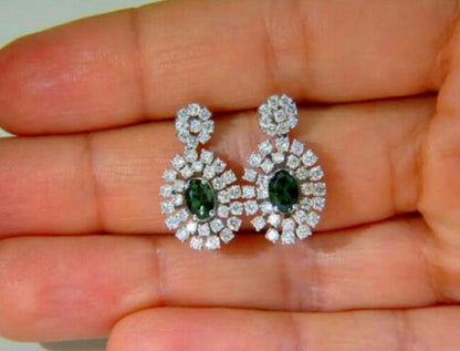 3.08 Carat Natural Tsavorite Diamonds Dangle Earrings 14 Karat Ref 12305 *v