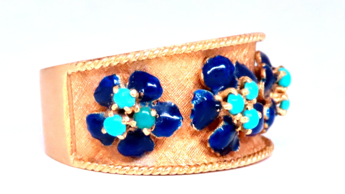 .50ct Natural Turquoise Blue Daisy Petal Vintage Ring 18kt Gold Ref 12300 *v