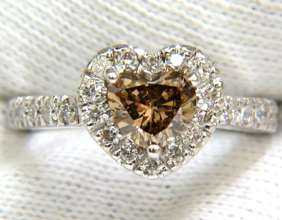 1.37CT NATURAL FANCY BRIGHT BROWN HEART CUT HALO DIAMOND RING 14KT VS *v