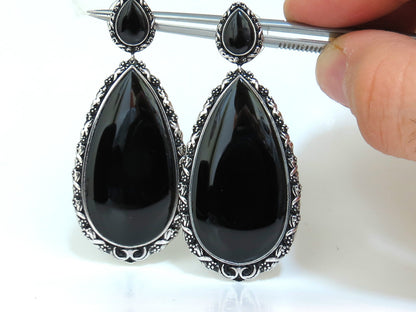 18KT GOTHIC SAXON REVIVAL GILT DECO NATURAL JET BLACK ONYX DANGLE EARRINGS *v