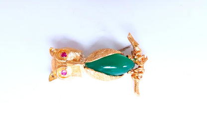 Owl Jade Ruby Figurine 3D Brooch Pin 18kt gold 12554 *v