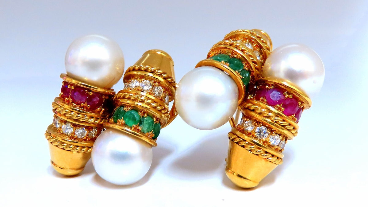 3ct Natural Ruby Emerald Sapphire Pearl clip Earrings 18kt *v