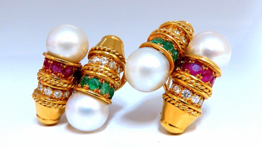 3ct Natural Ruby Emerald Sapphire Pearl clip Earrings 18kt *v