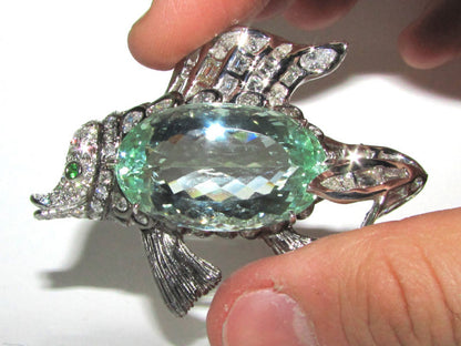 GIA 57.37CT NATURAL GREEN BERYL FISH BROOCH PENDANT 18kt *v