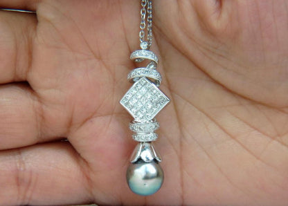 10.50MM NATURAL TAHITIAN PEARL & 1.10CT DIAMONDS PENDANT & NECKLACE 14KT *v