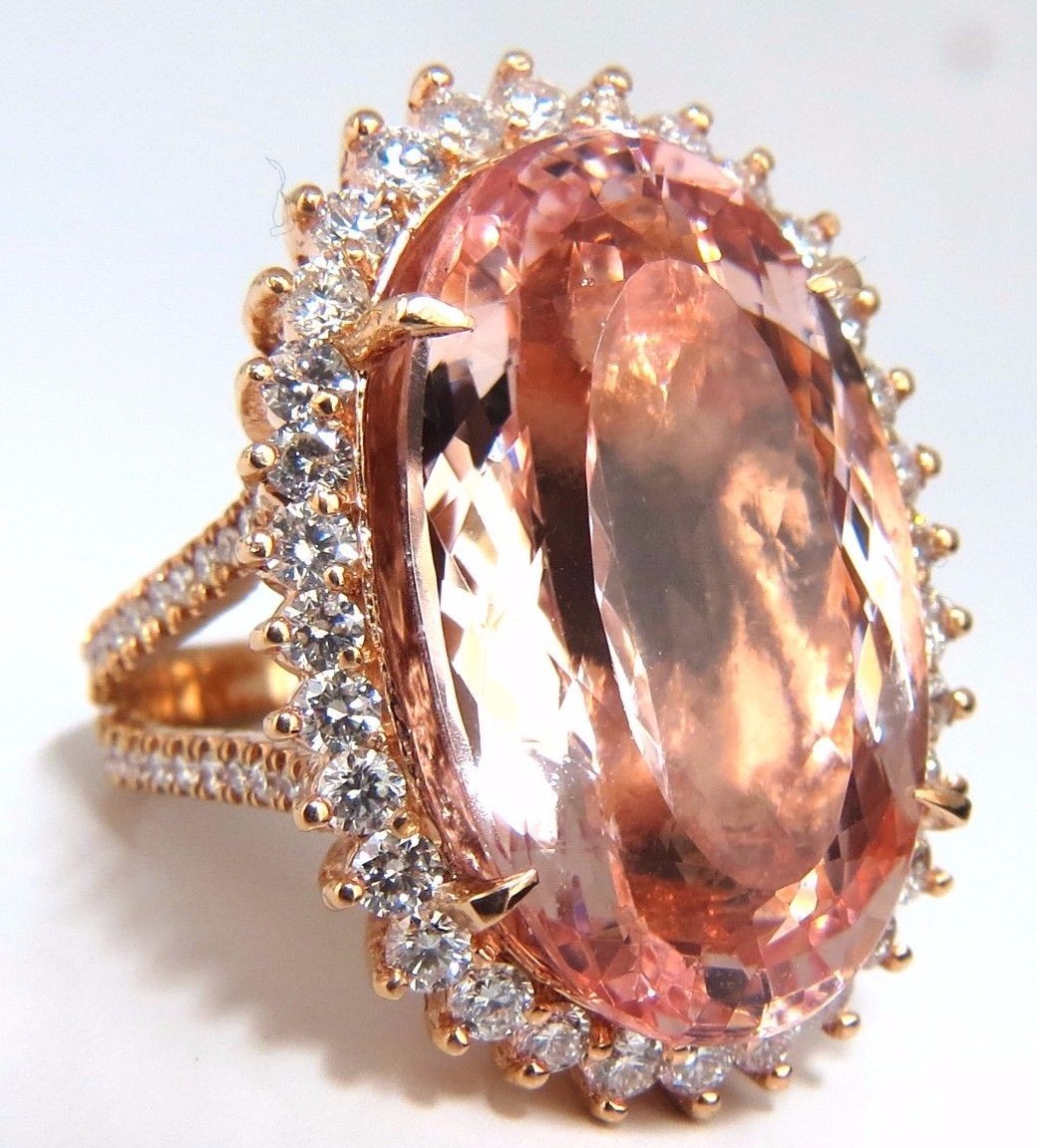 GIA Certified 36.18ct Natural Orangy Pink Morganite Diamonds Ring 18kt*v