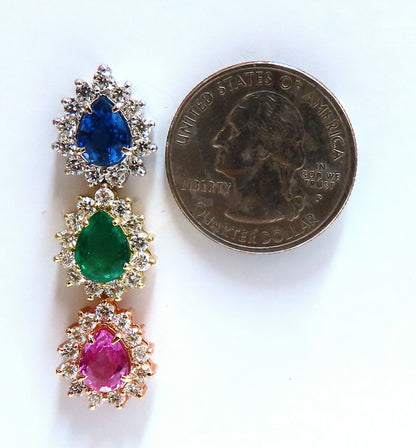13.24ct Natural Emeralds & Sapphires Three Tier Dangle Earrings 18 Karat Pear *v