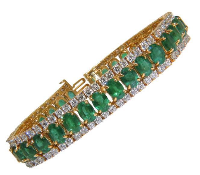27.65 Carat Natural Vivid Green Emerald Diamond Bracelet F/VS 14kt Ref 12324 *v