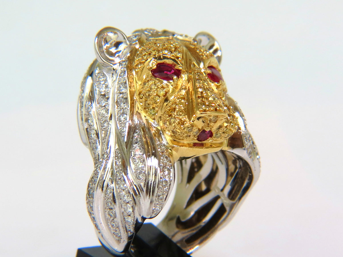 18KT ITALY UNISEX HUGE 3.40CT NATURAL DIAMONDS RUBY LION RING *v