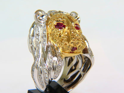 18KT ITALY UNISEX HUGE 3.40CT NATURAL DIAMONDS RUBY LION RING *v