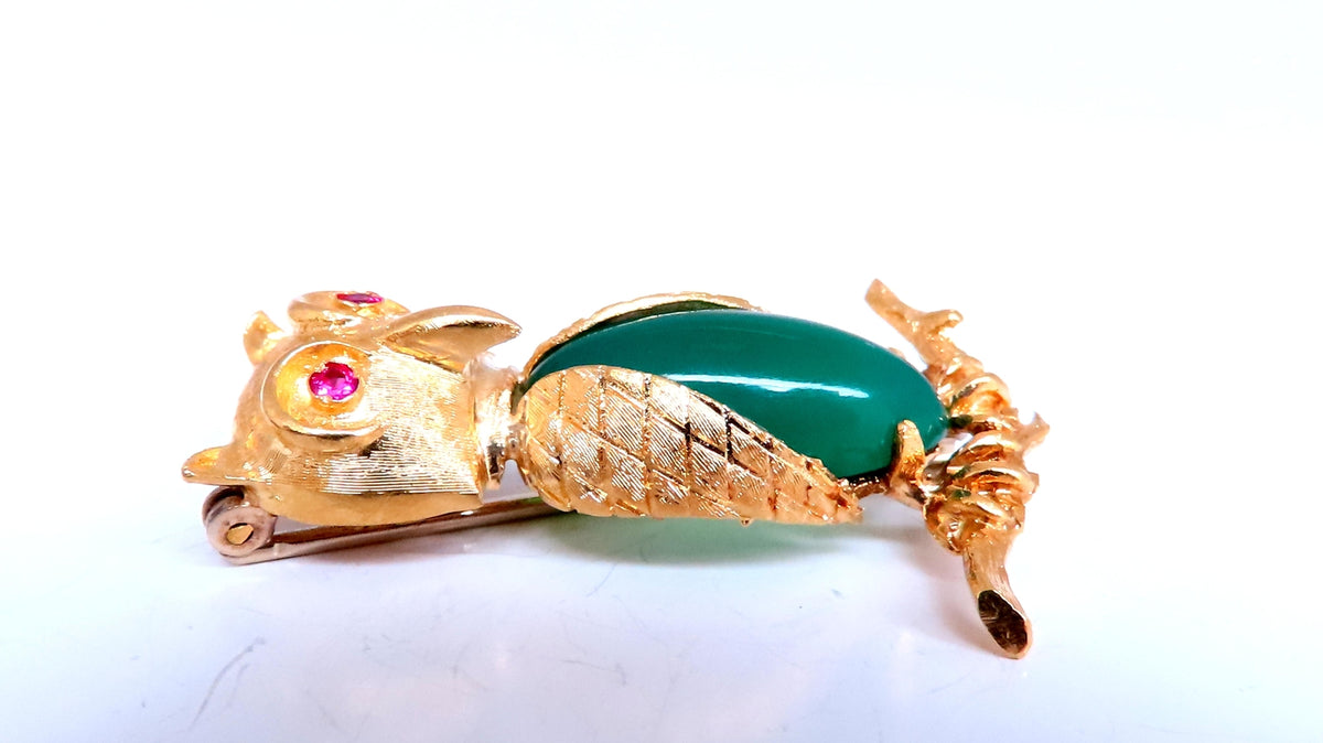 Owl Jade Ruby Figurine 3D Brooch Pin 18kt gold 12554 *v